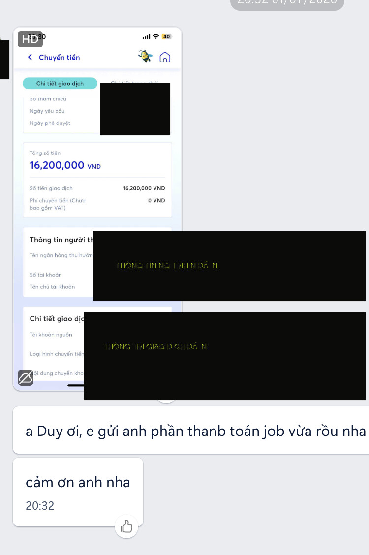 Xác nhận thanh toán 16,2 triệu đã ẩn thông tin ngân hàng